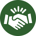 Circular green icon with a white graphic overlaid depicting two hands shaking
