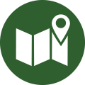 Circular green icon with a white graphic overlaid depicting a map with a location pin