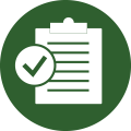 Circular green icon with a white graphic overlaid depicting a clipboard with a tick of approval over the left side of the clipboard